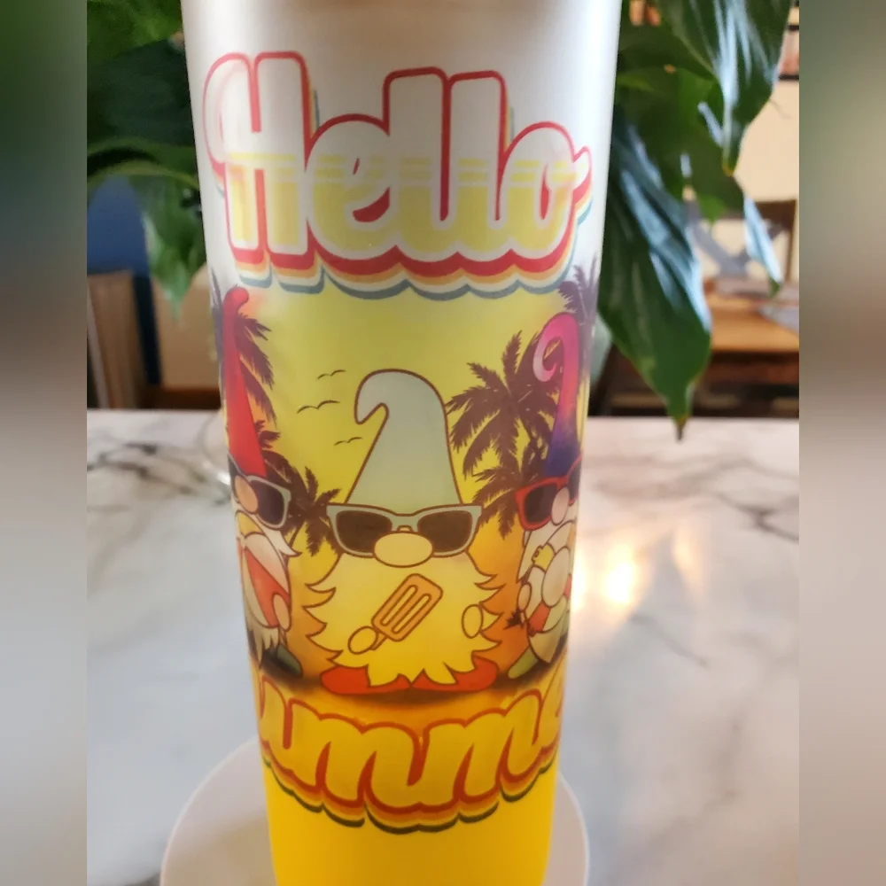 HELLO SUMMER Gnomes 20oz Gradient Yellow Glass Tumbler with duo lids 🎉sale